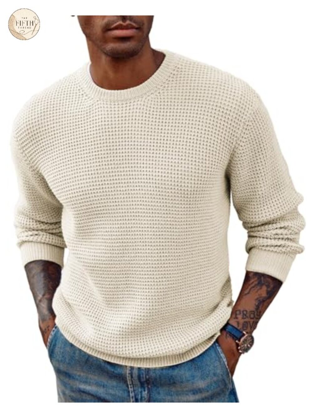 Waffle Knit Crewneck Pullover Sweater Long Sleeve Casual